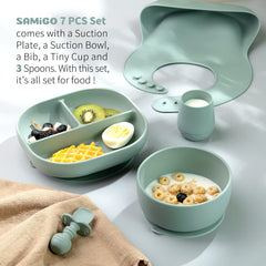 SAMiGO suction bowl stays put on trays to reduce spills.