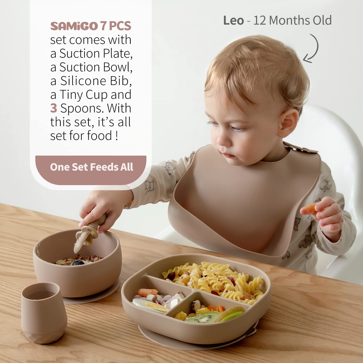 SAMiGO suction bowl stays put to reduce spills during meals.