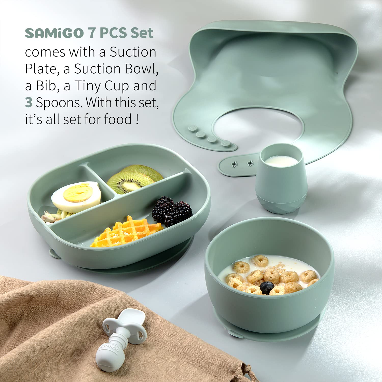 SAMiGO suction bowl with deep base keeps food within reach.
