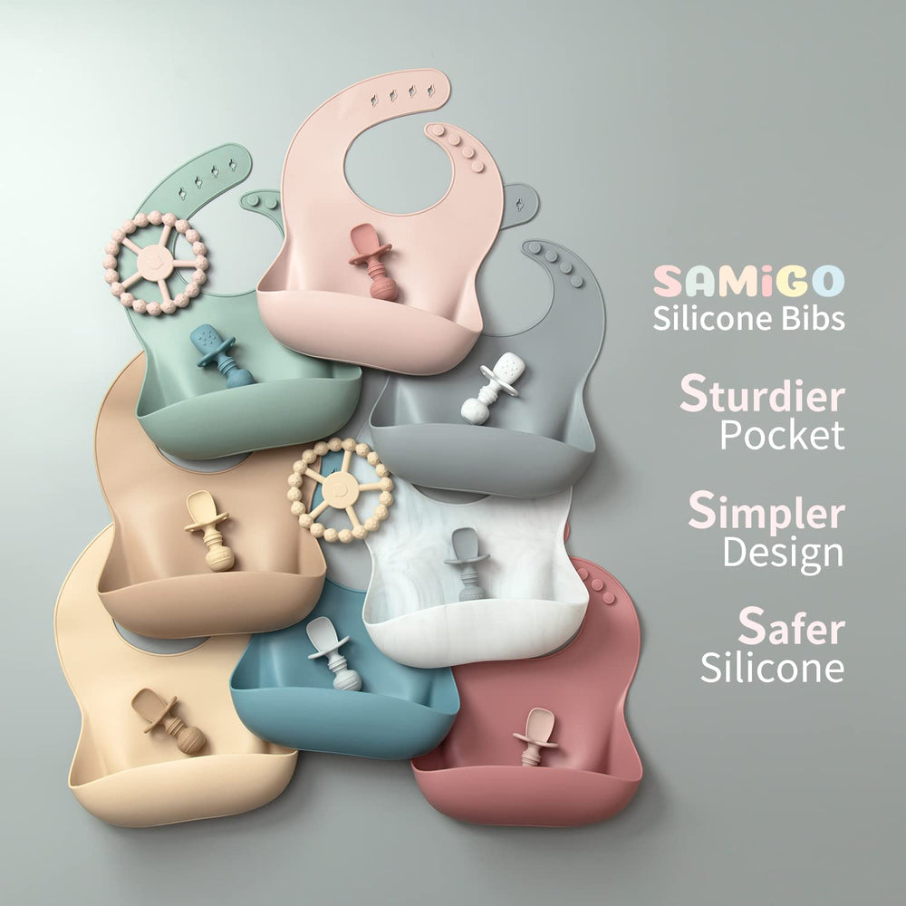 SAMiGO weighted-bottom mini cup reduces spills for early liquid learning.