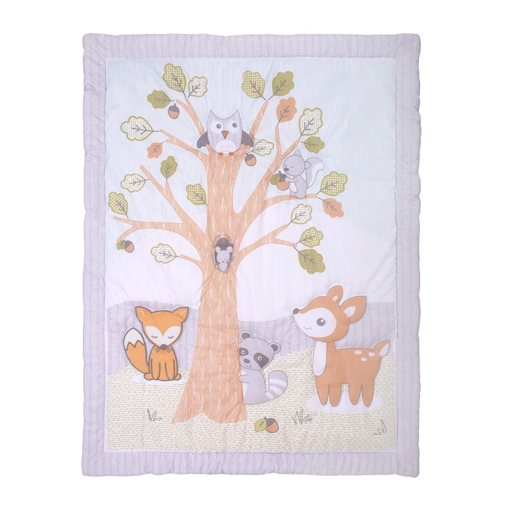 Sammy & Lou Friendly Forest crib skirt with 14-inch drop in view.