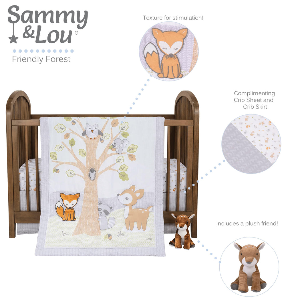 Sammy & Lou Friendly Forest quilt reversible view showing two nursery looks.
