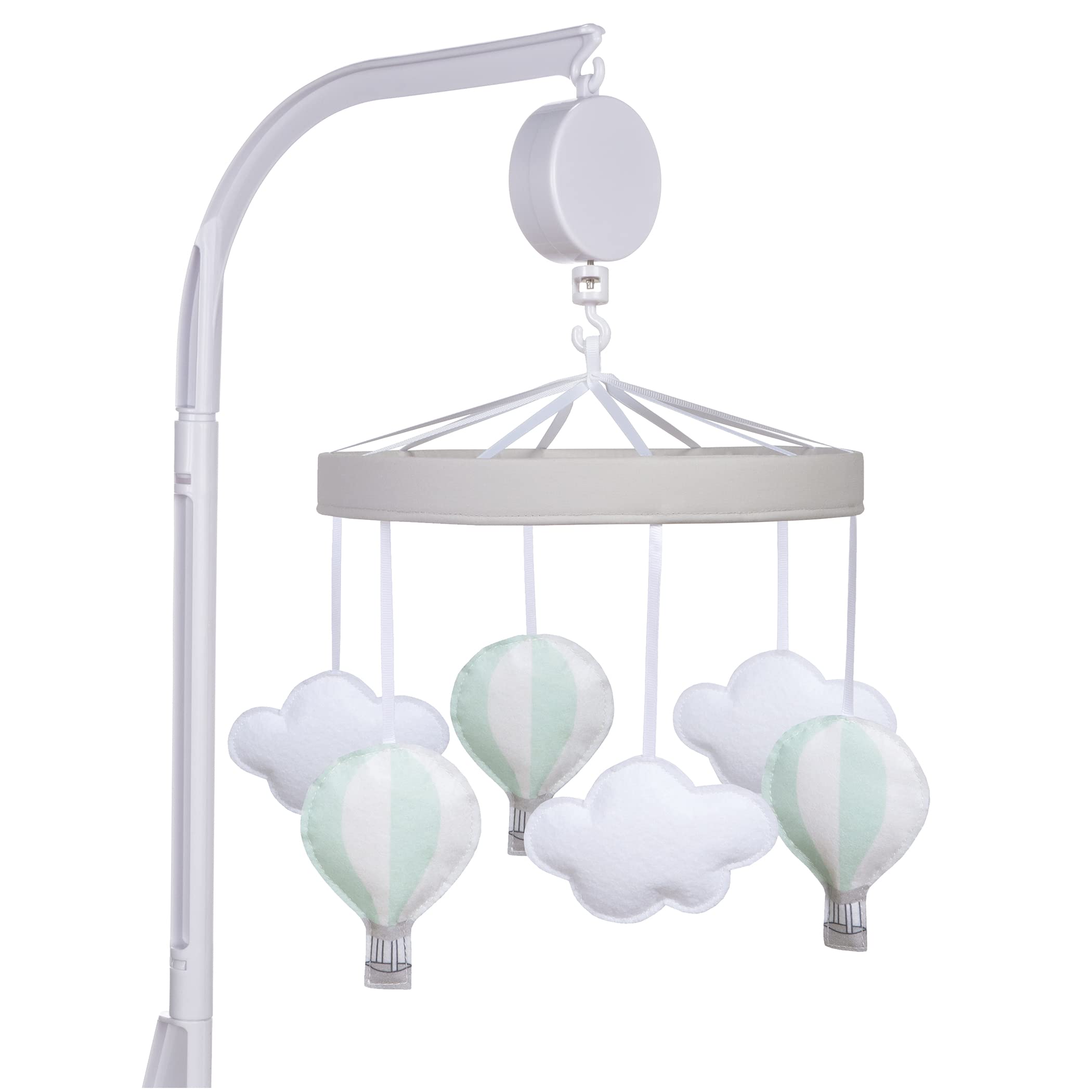Sammy & Lou hot air balloon mobile with balloons and clouds aiding visual tracking.