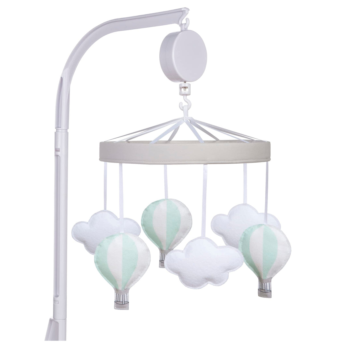 Sammy & Lou hot air balloon mobile with balloons and clouds aiding visual tracking.