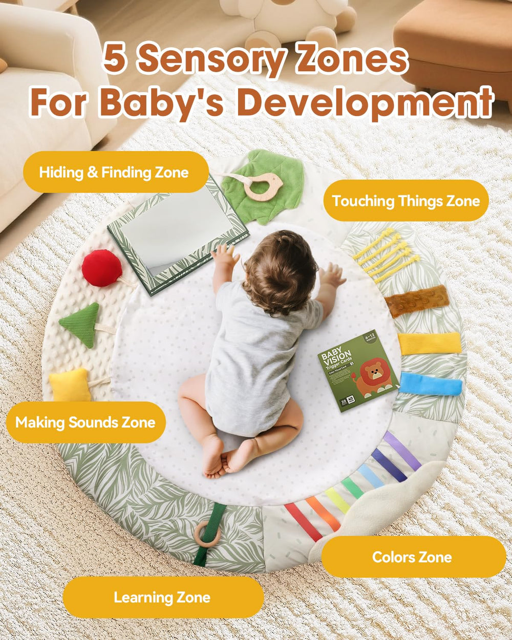 Samonyed forest-theme play mat complements nursery decor while promoting developmental play.
