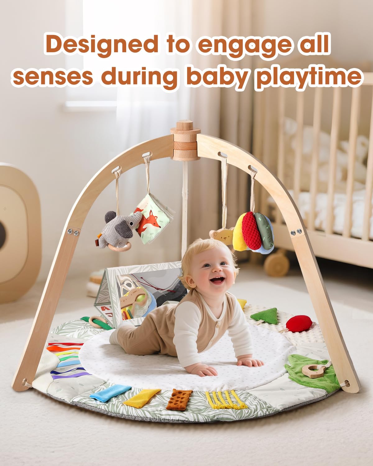 Samonyed wooden posts anti-slip base shows secure floor grip for safe tummy time.