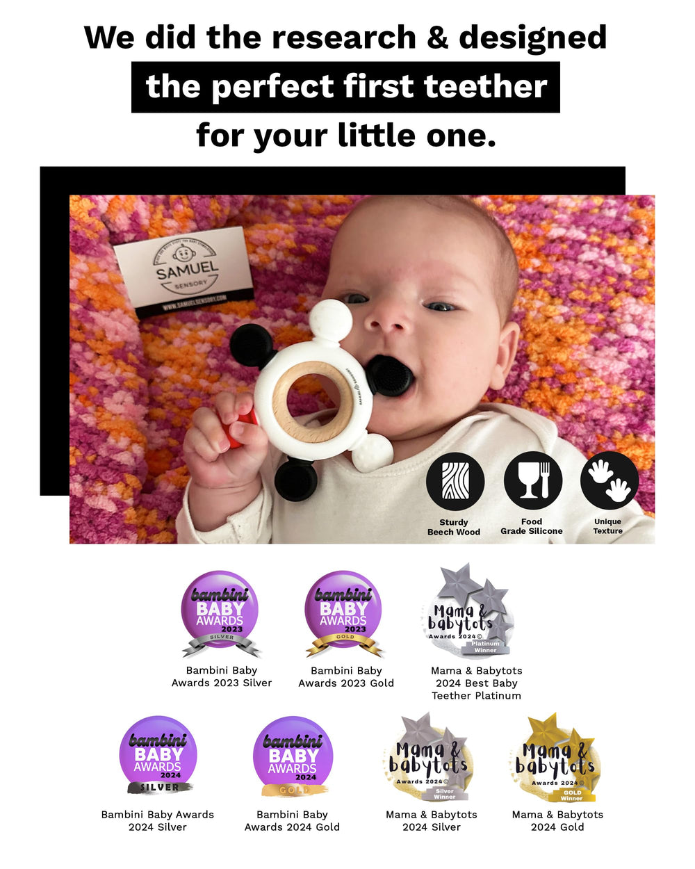 Samuel Sensory teether ring white close-up aids high-contrast visual development.
