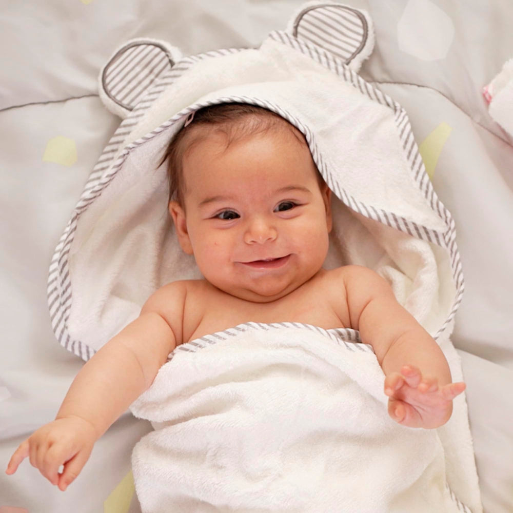 San Francisco Baby hooded towel white folded neatly to illustrate easy storage.