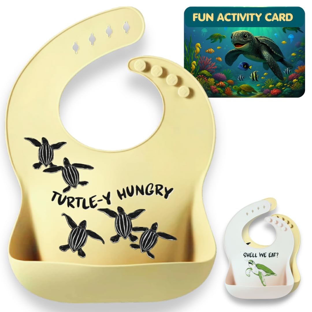 Sand Salt & Sea turtle bibs close-up highlights crumbs-catching design for mess-free meals.