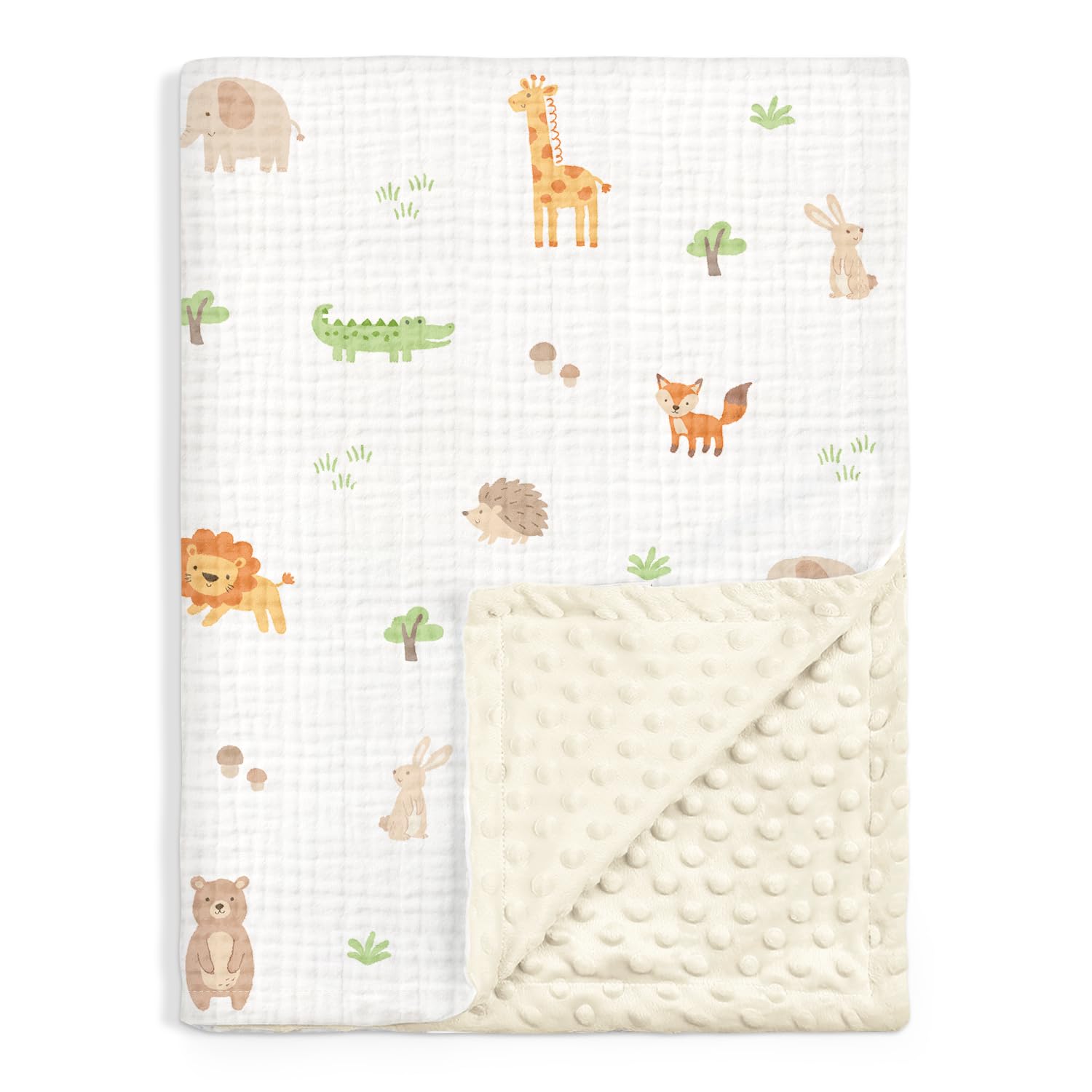 SANDJEST animal baby blanket muslin side close-up showing breathable texture for sensitive skin