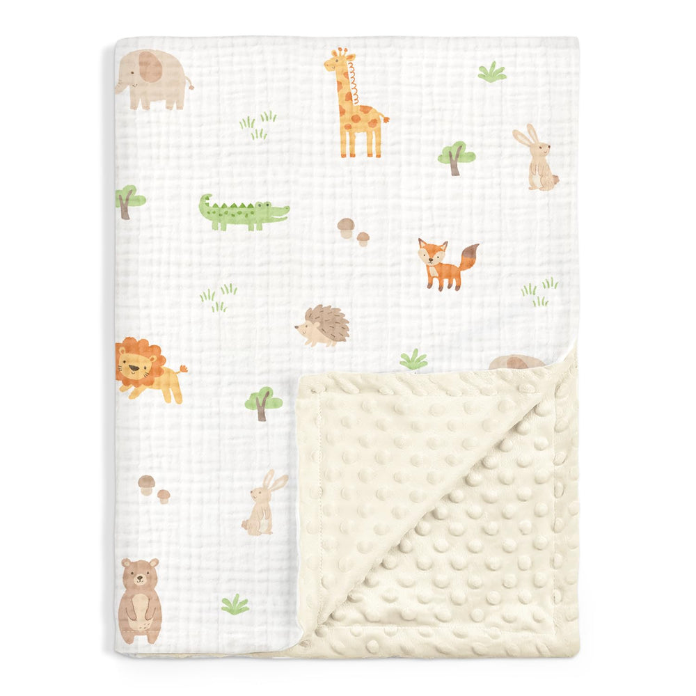 SANDJEST animal baby blanket muslin side close-up showing breathable texture for sensitive skin