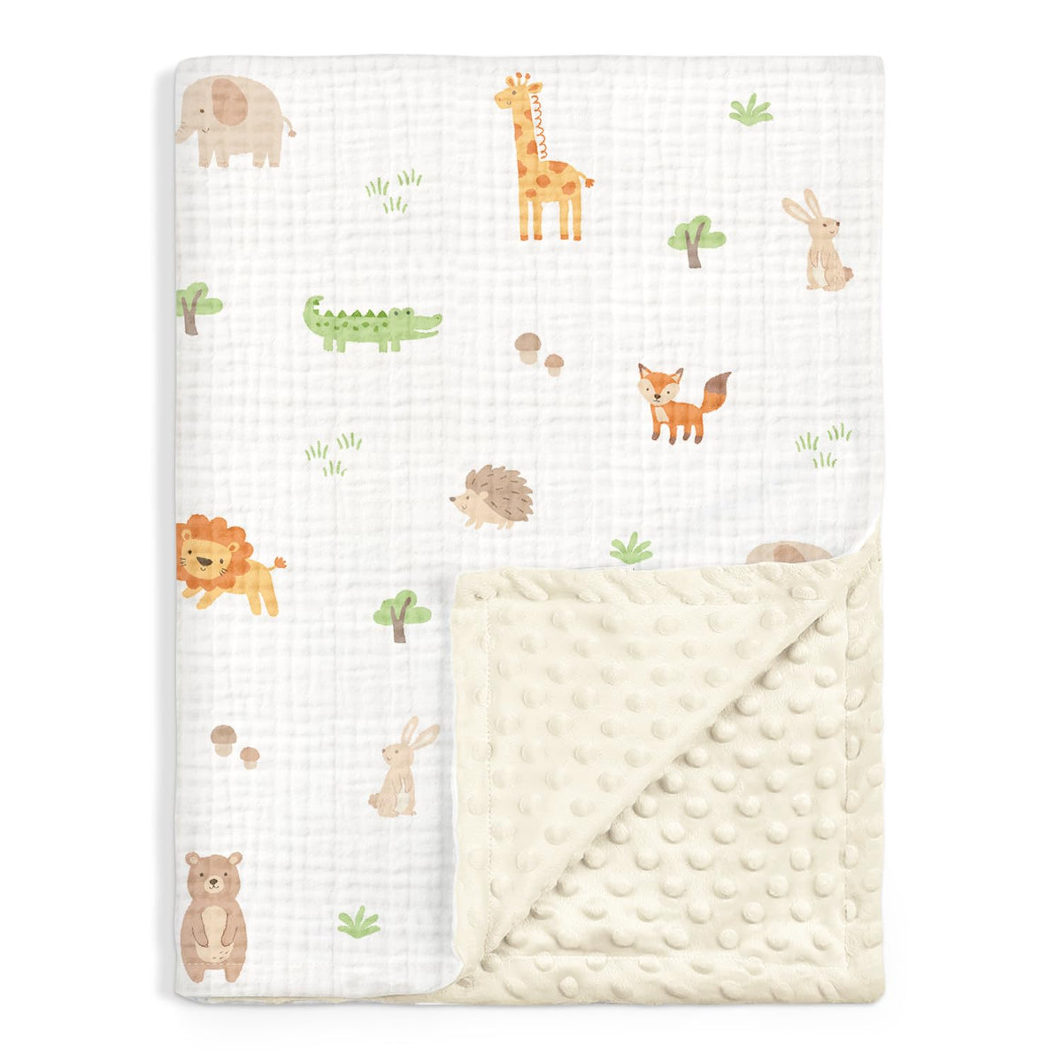 SANDJEST animal baby blanket muslin side close-up showing breathable texture for sensitive skin