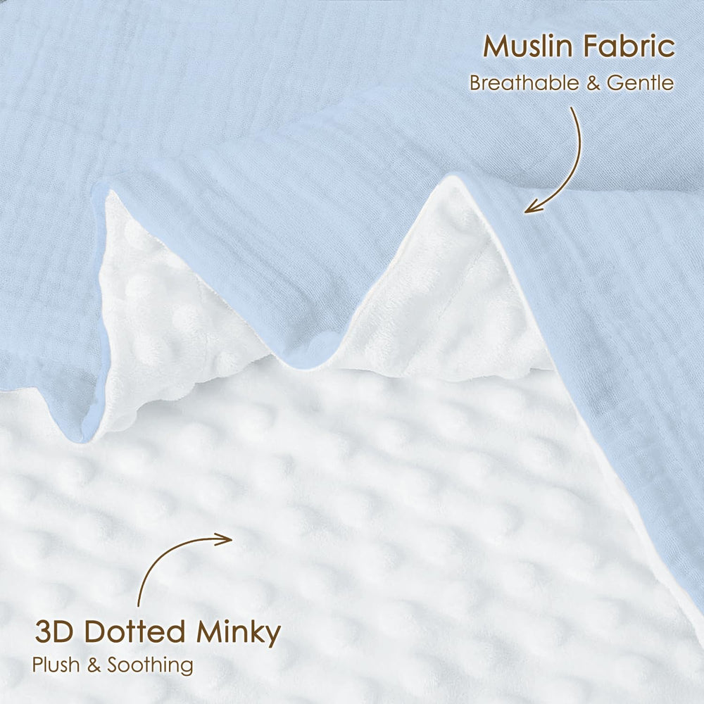 SANDJEST light blue blanket with dotted back provides cozy warmth for stroller rides.
