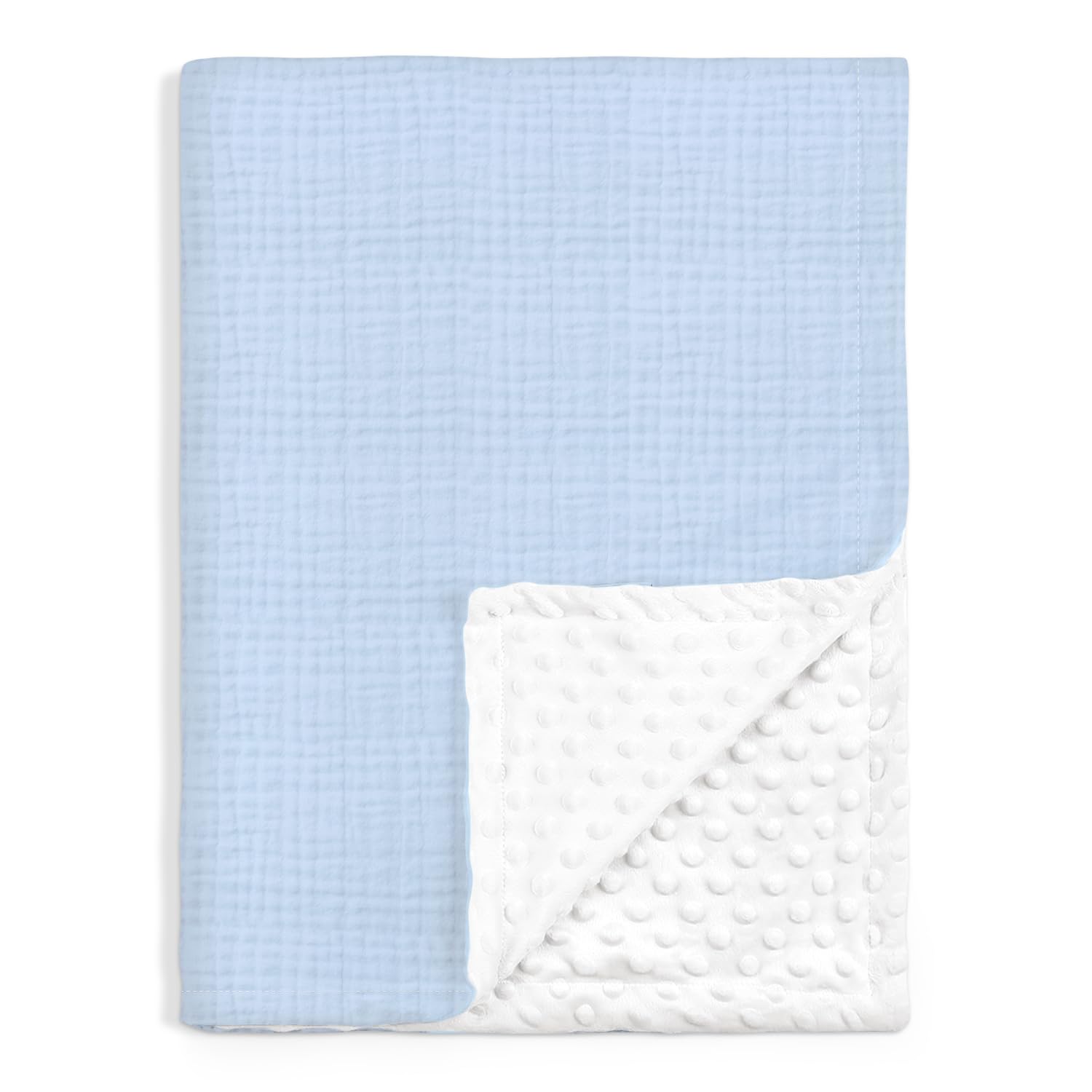 SANDJEST baby blanket muslin front in light blue offers breathable nap-ready comfort.