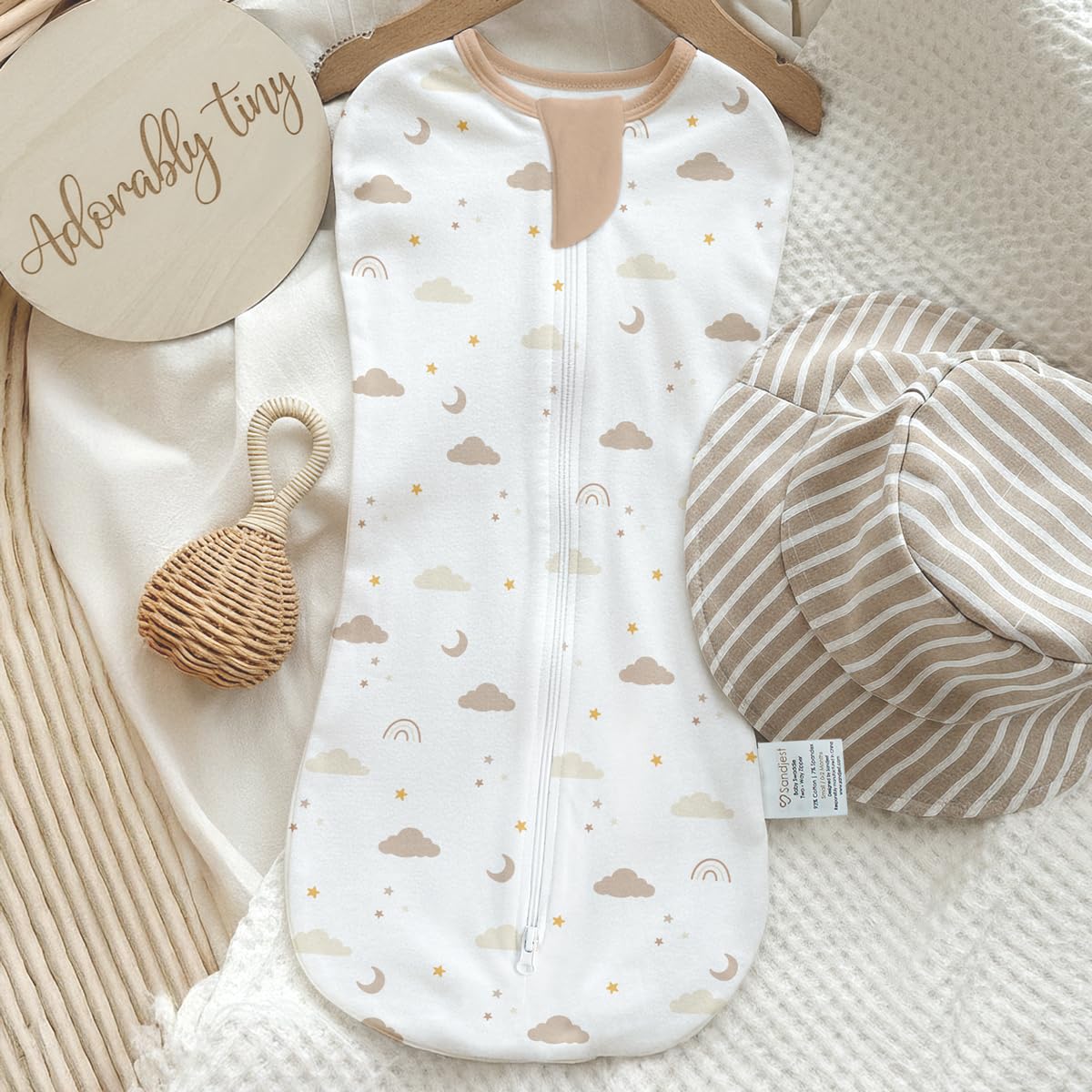 SANDJEST packaging display shows ready-to-use swaddles