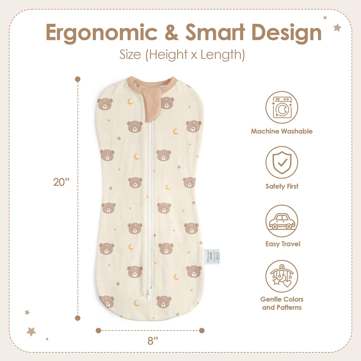 SANDJEST swaddle in star-moon pattern promotes snug calm for baby