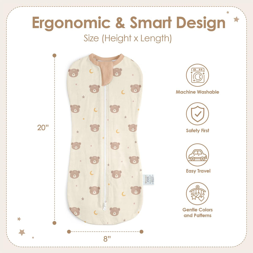 SANDJEST swaddle in star-moon pattern promotes snug calm for baby