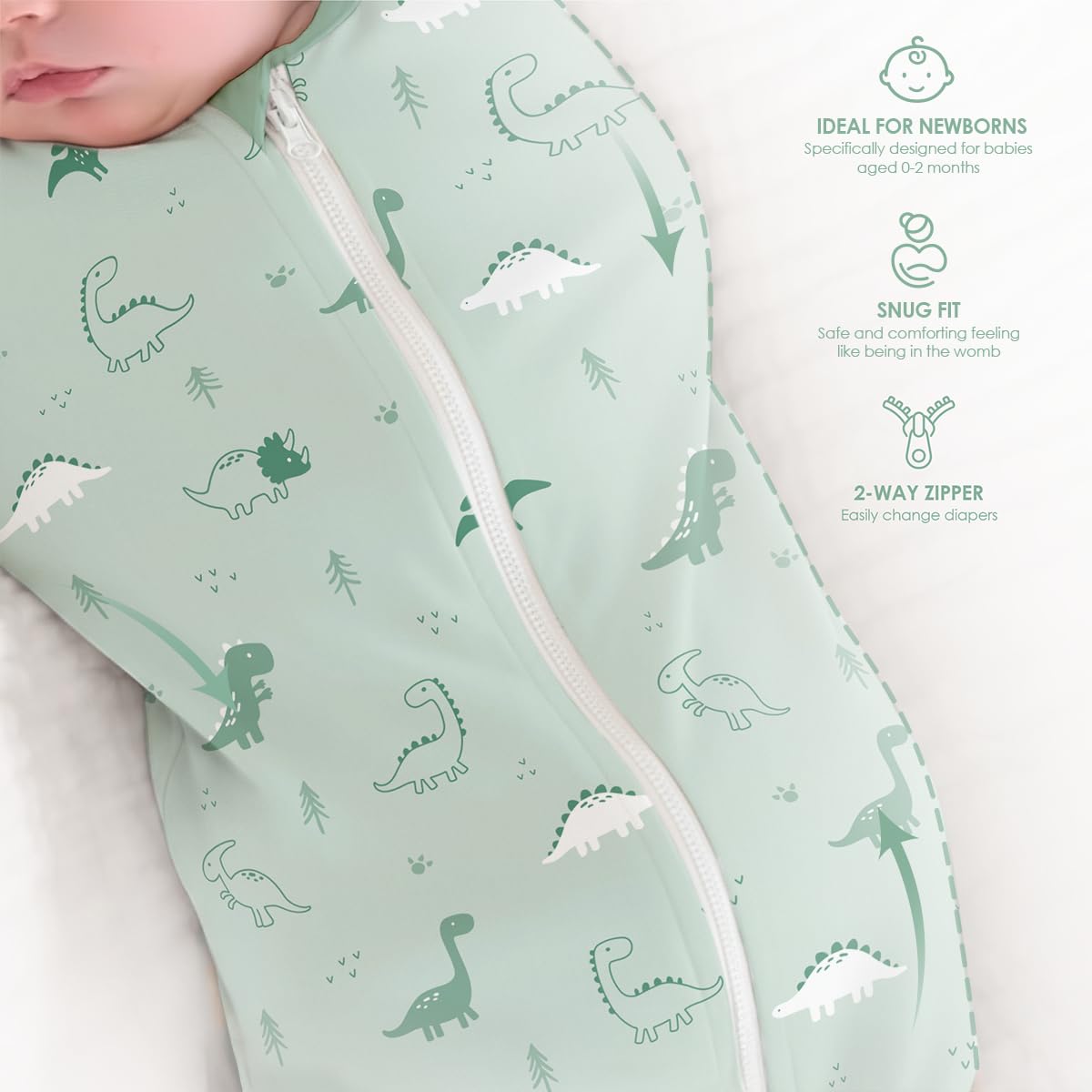 SANDJEST arm-in dinosaur swaddle wear demonstrates secure positioning