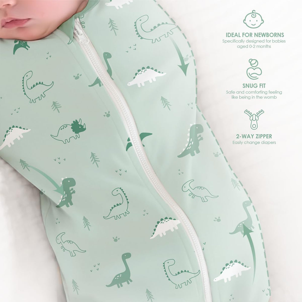 SANDJEST arm-in dinosaur swaddle wear demonstrates secure positioning
