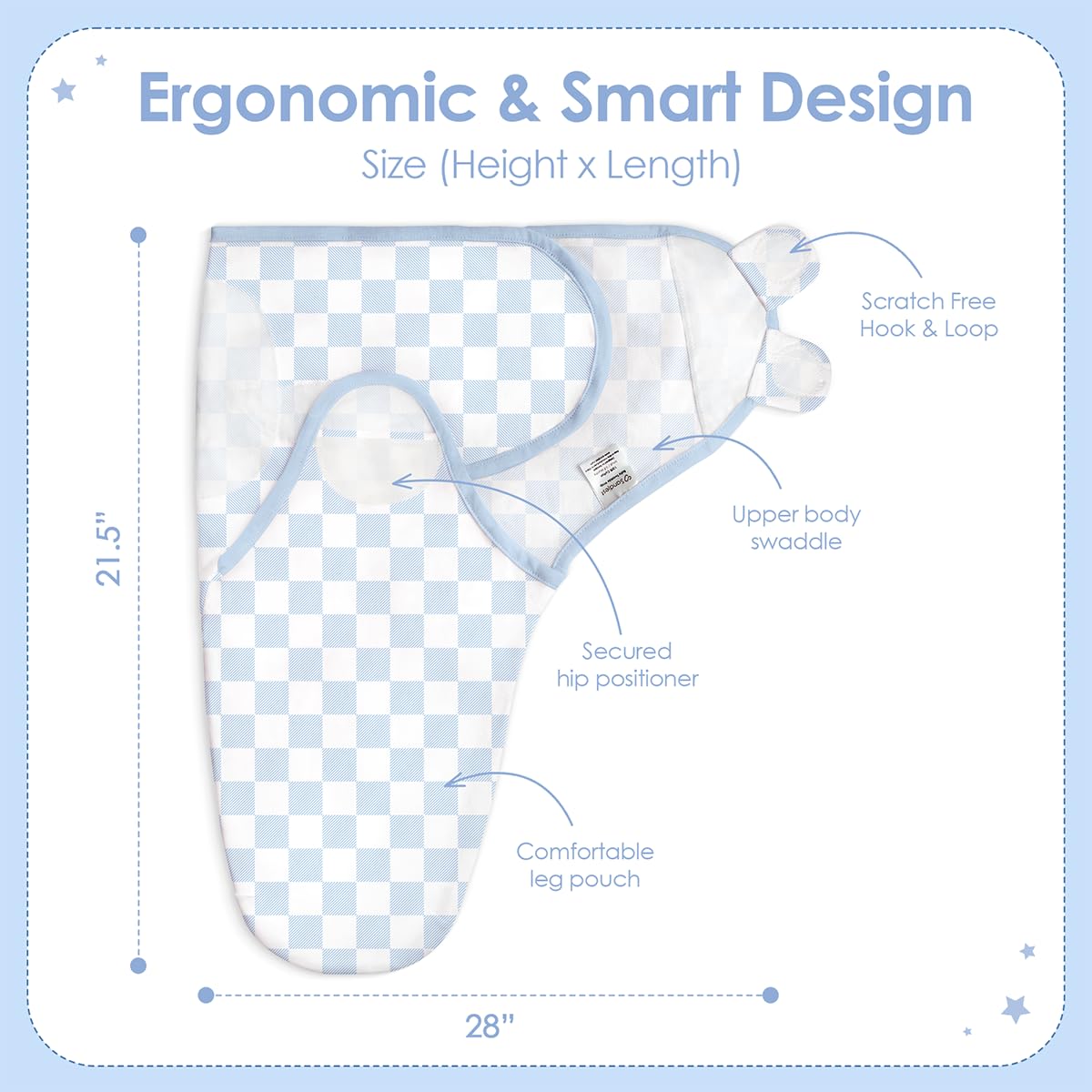 SANDJEST baby swaddle arm-in sleep sack blue fabric highlighting breathable cotton comfort.