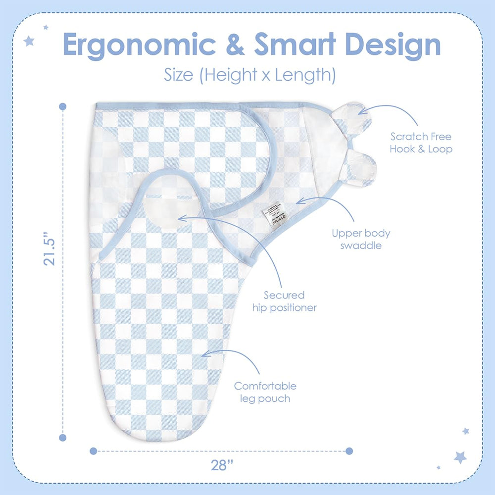 SANDJEST baby swaddle arm-in sleep sack blue fabric highlighting breathable cotton comfort.