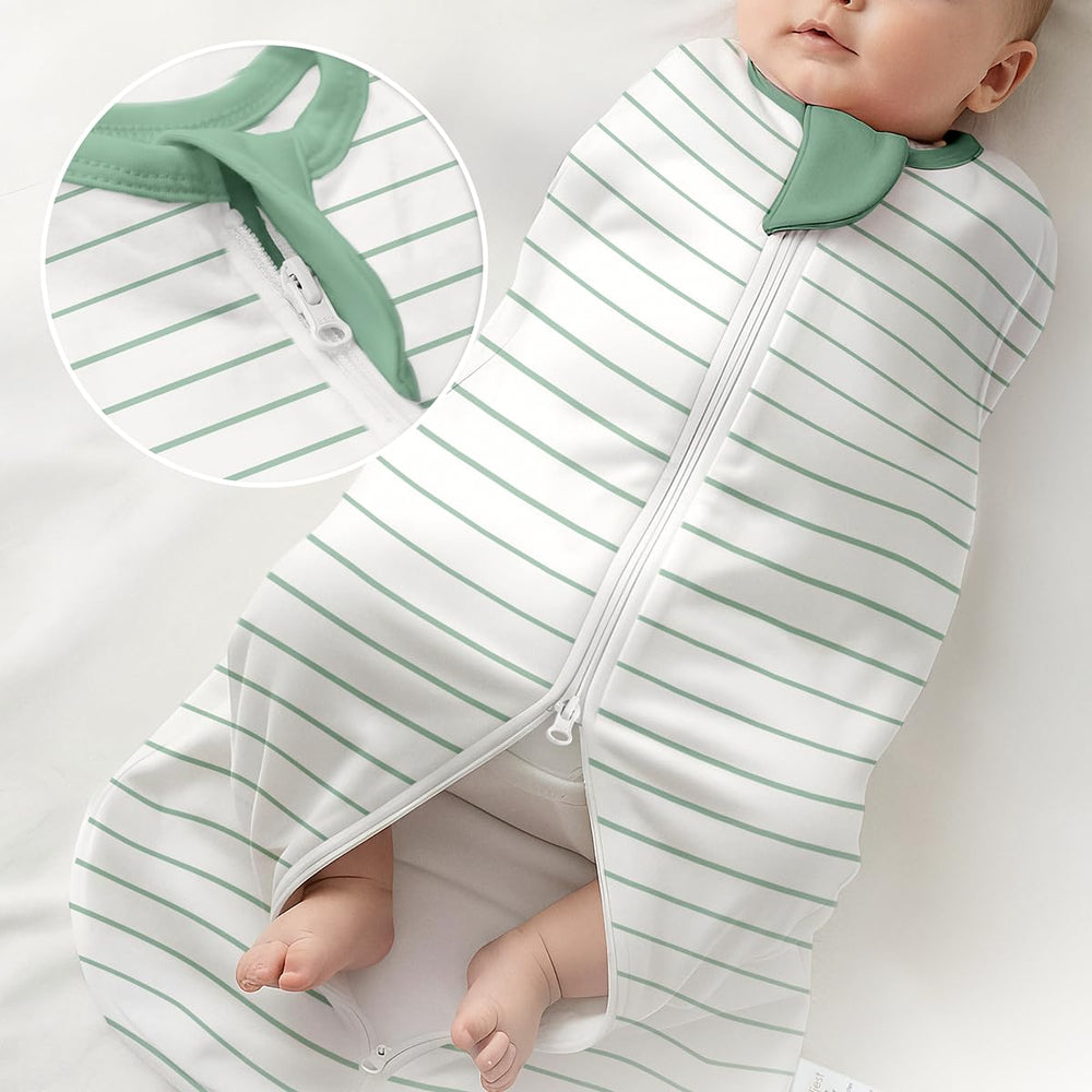 SANDJEST arm-in stripe swaddle wear shows secure, calm sleep routine
