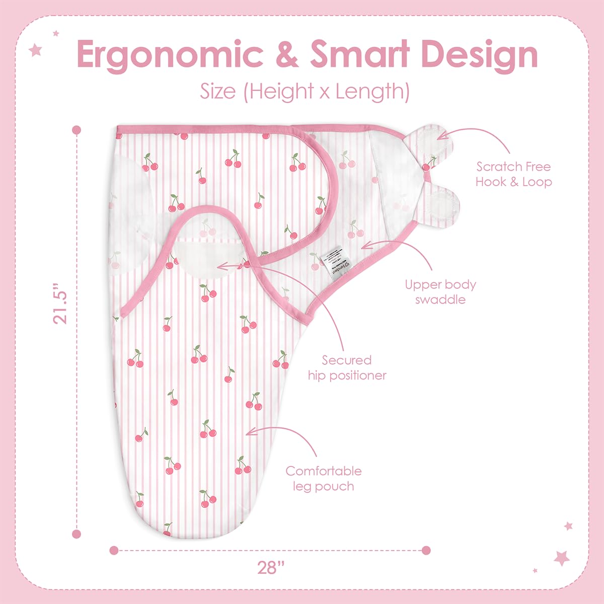 SANDJEST swaddle blanket cherry arm-in design provides cozy, snug newborn fit