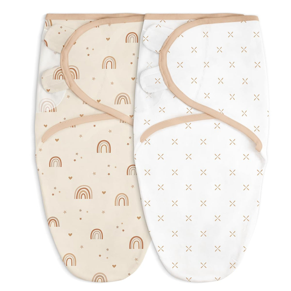 SANDJEST baby swaddle blanket rainbow-cross pack shows two patterns for secure newborn comfort.