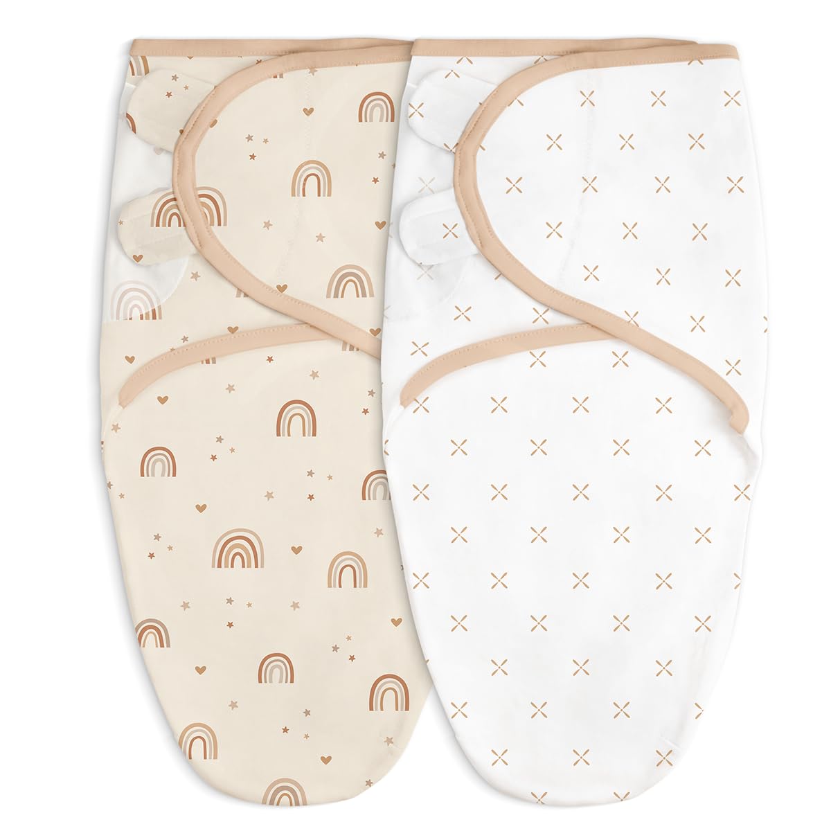 SANDJEST baby swaddle blanket rainbow-cross pack shows two patterns for secure newborn comfort.