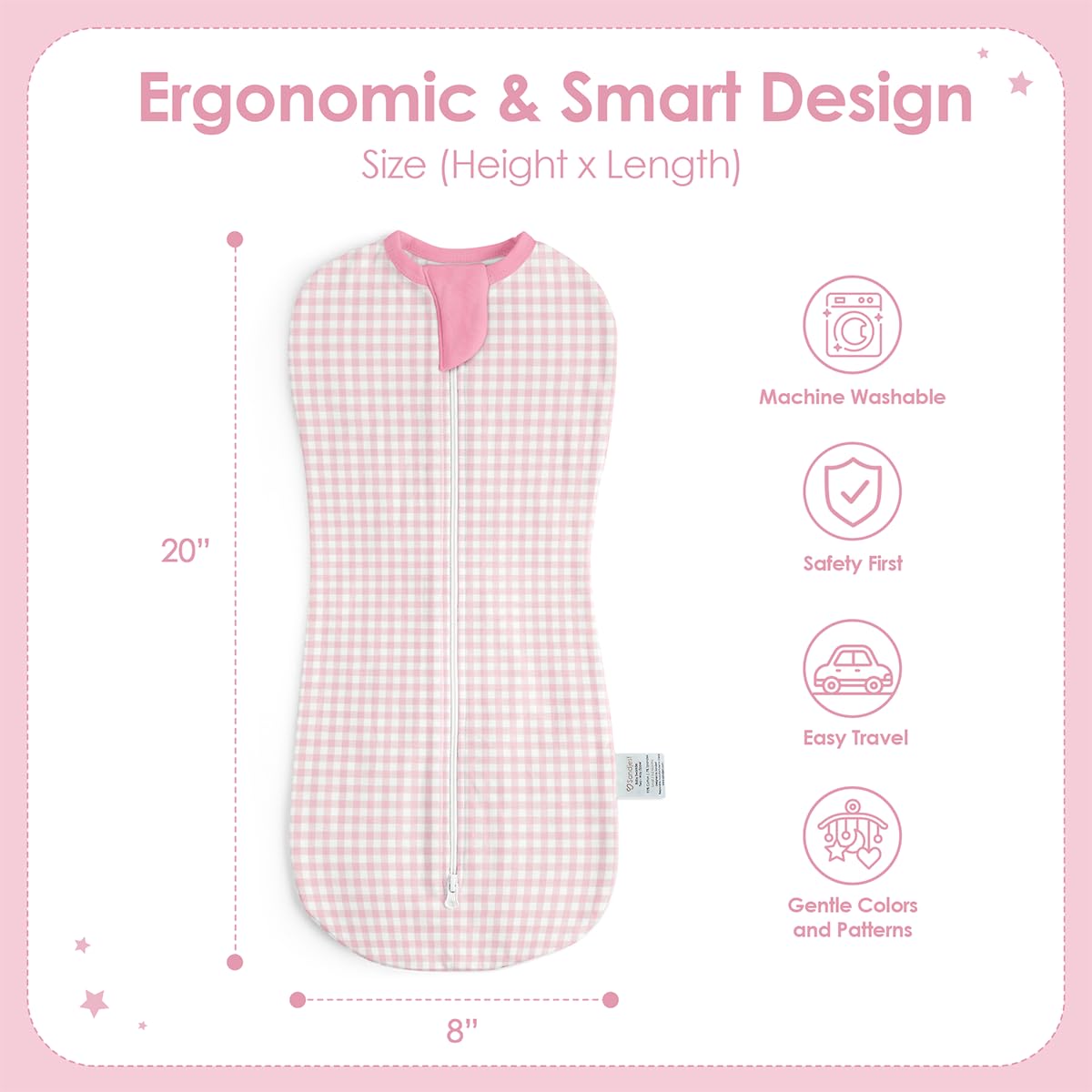SANDJEST baby swaddle checkered-pattern image helps newborns feel cozy in arms.