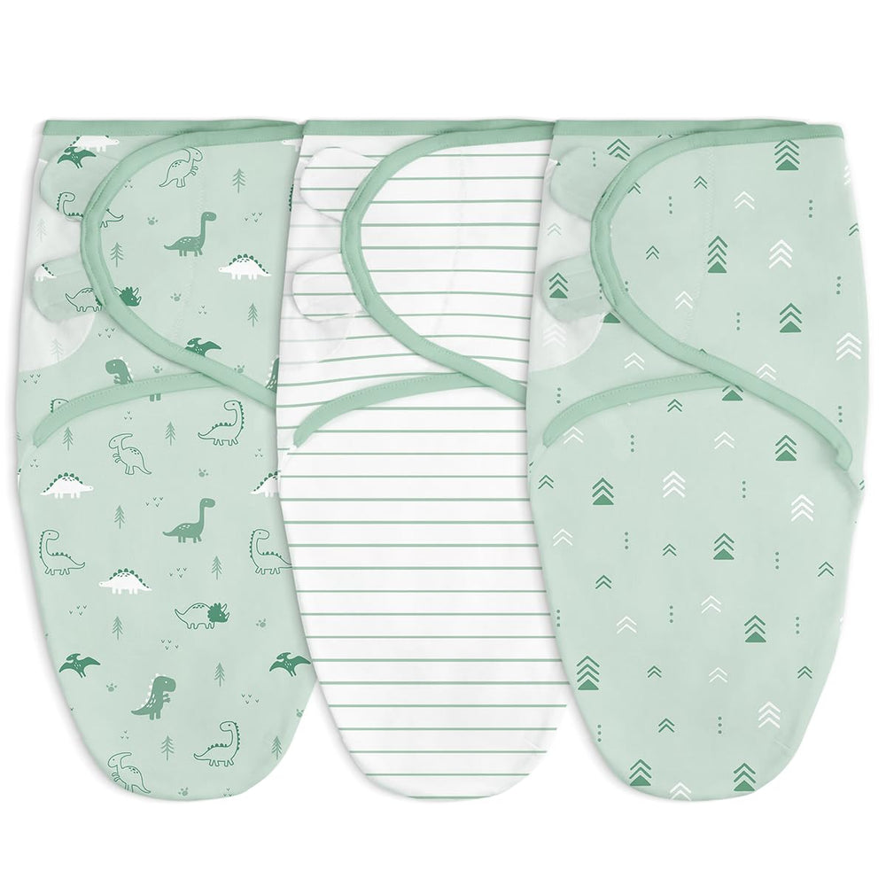 SandJEST baby swaddle dinosaur pattern wearable blanket supports secure sleep.