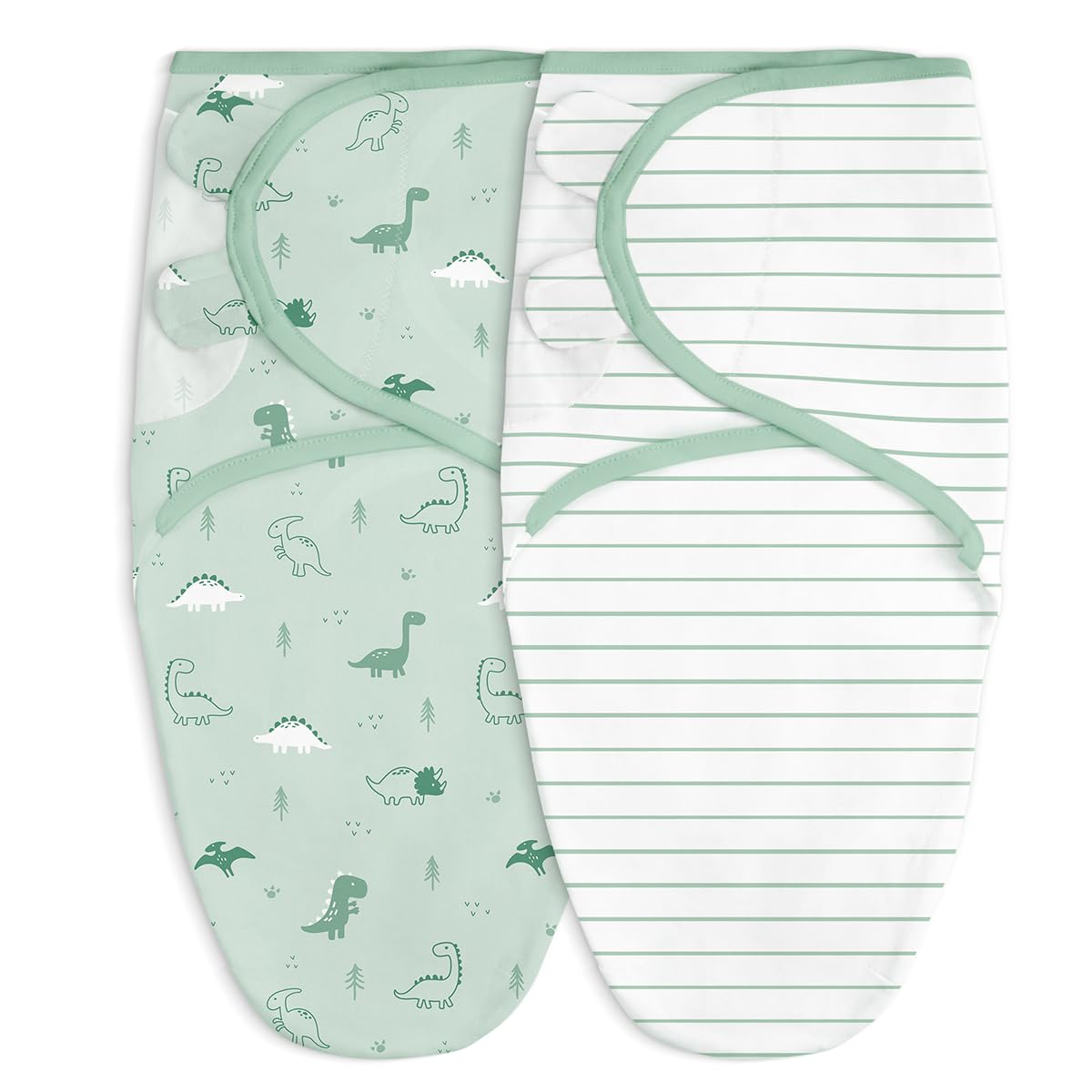 SANDJEST baby-swaddle dinosaur-on-baby shows secure, cozy coverage for newborn sleep.