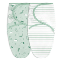 SANDJEST baby-swaddle dinosaur-on-baby shows secure, cozy coverage for newborn sleep.