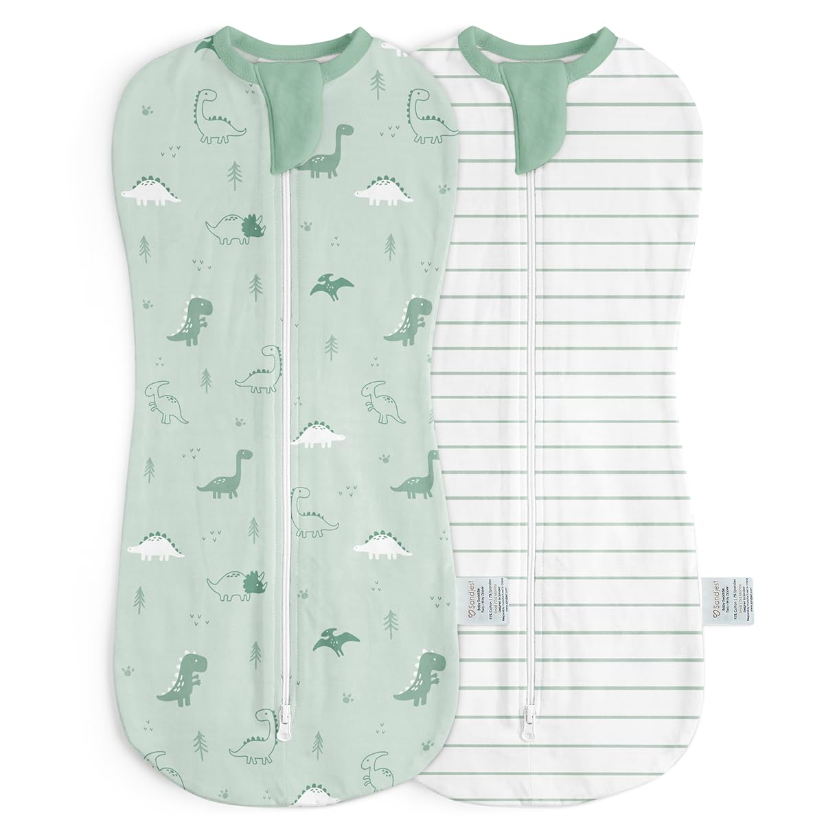 SANDJEST baby swaddle dinosaur pack2 front view for gentle newborn sleep
