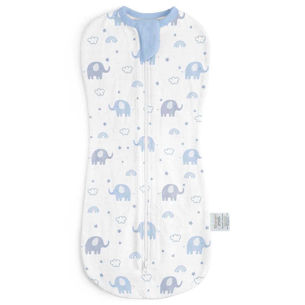 SANDJEST baby swaddle elephant front view shows cozy design for calm newborn sleep