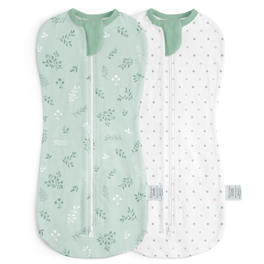SANDJEST swaddle in green leaves offers soft newborn comfort.