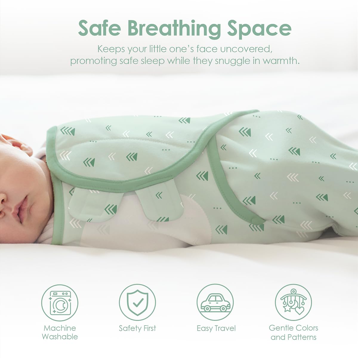 SandJEST infant wearing swaddle demonstrates secure wrap during naps.