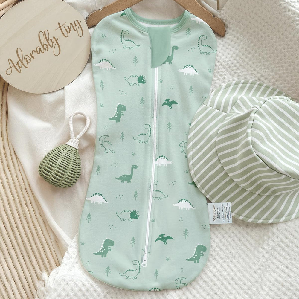 SANDJEST pack2 in-use swaddle demonstrates wearable blanket practicality