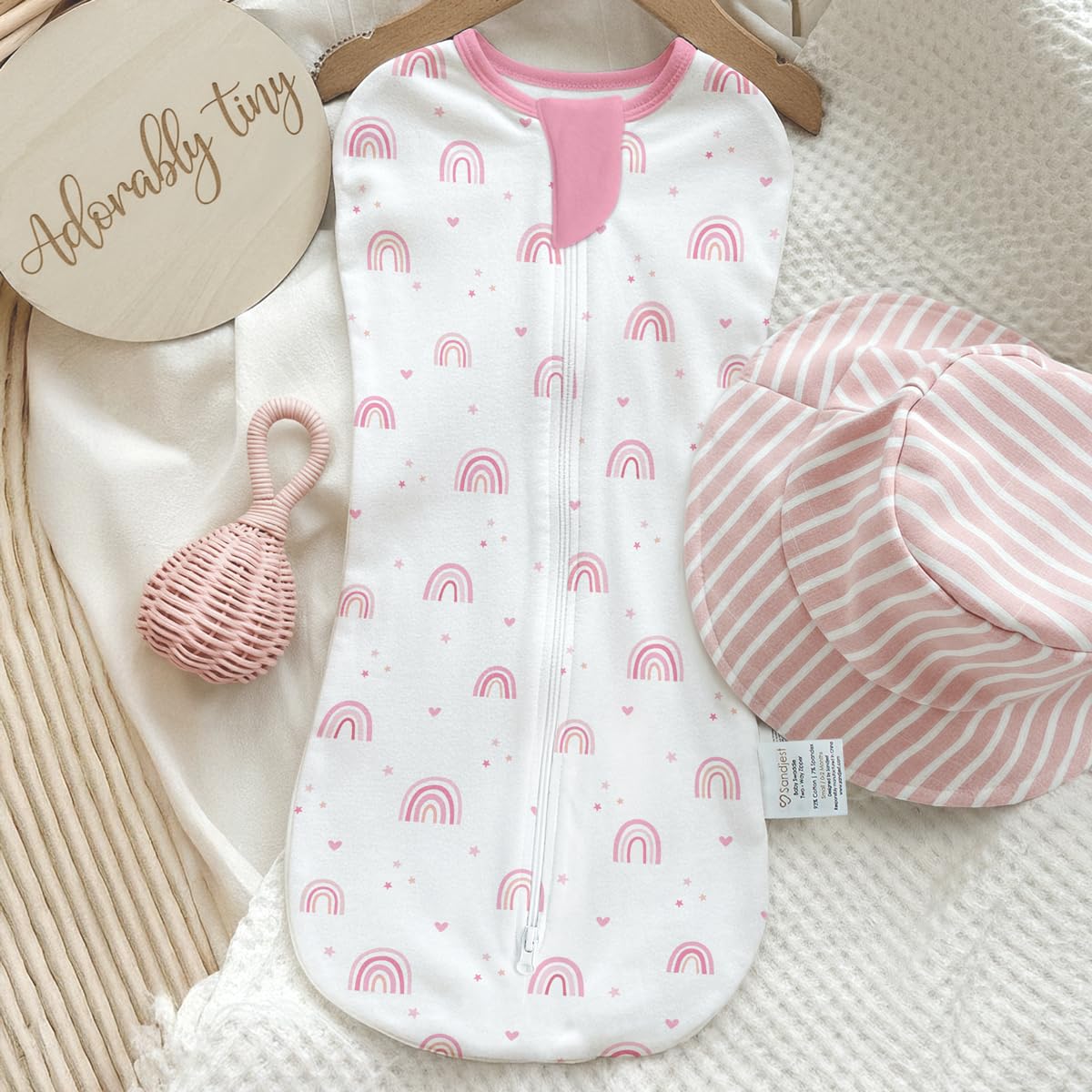 SANDJEST rainbow-detail showcases cheerful design paired with newborn comfort.