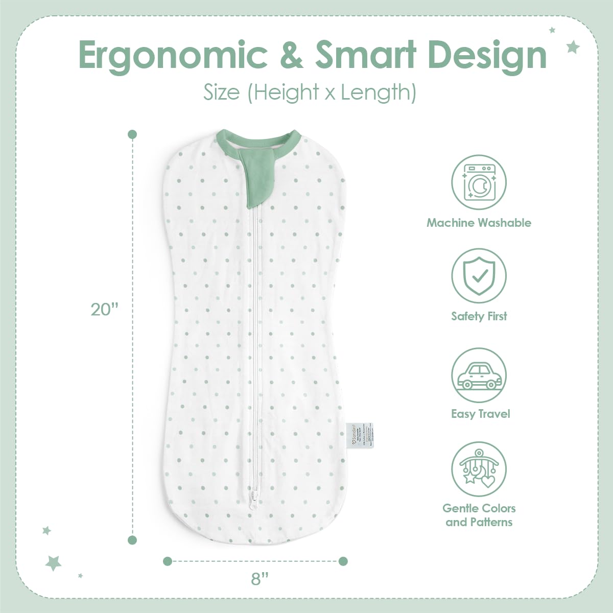 SANDJEST swaddle in polka dots provides breathable comfort.