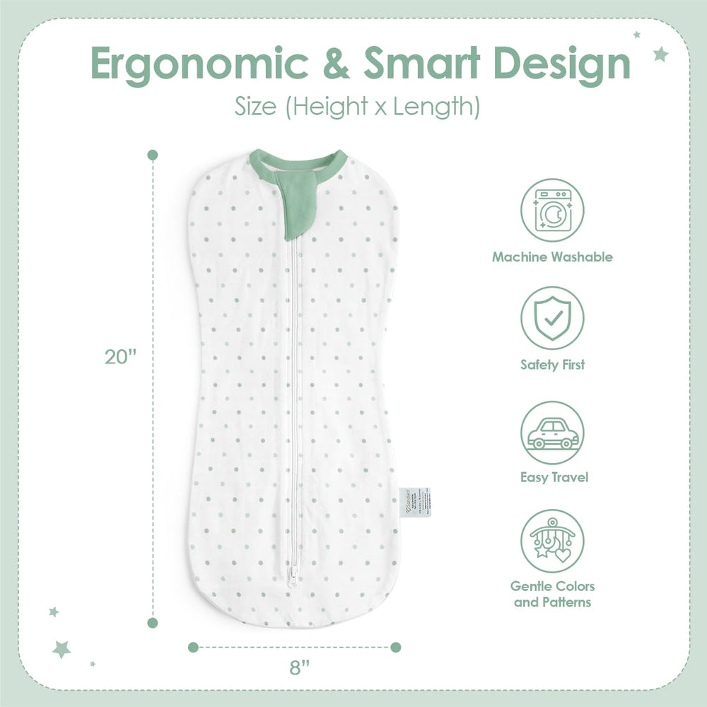 SANDJEST swaddle in polka dots provides breathable comfort.