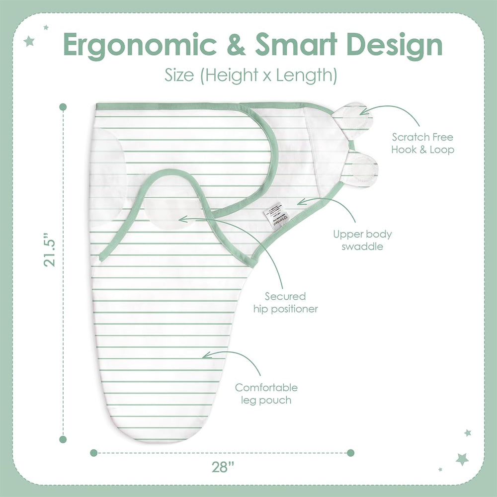 SANDJEST baby-swaddle stripe-on-baby demonstrates breathable comfort for day and night.
