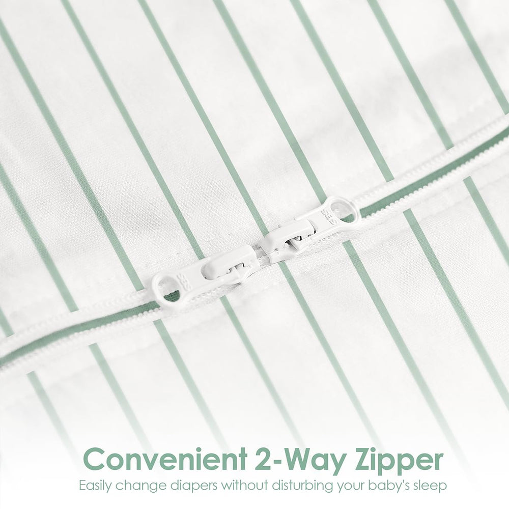 SANDJEST baby swaddle stripe pack2 zipper closeup emphasizes easy diaper changes