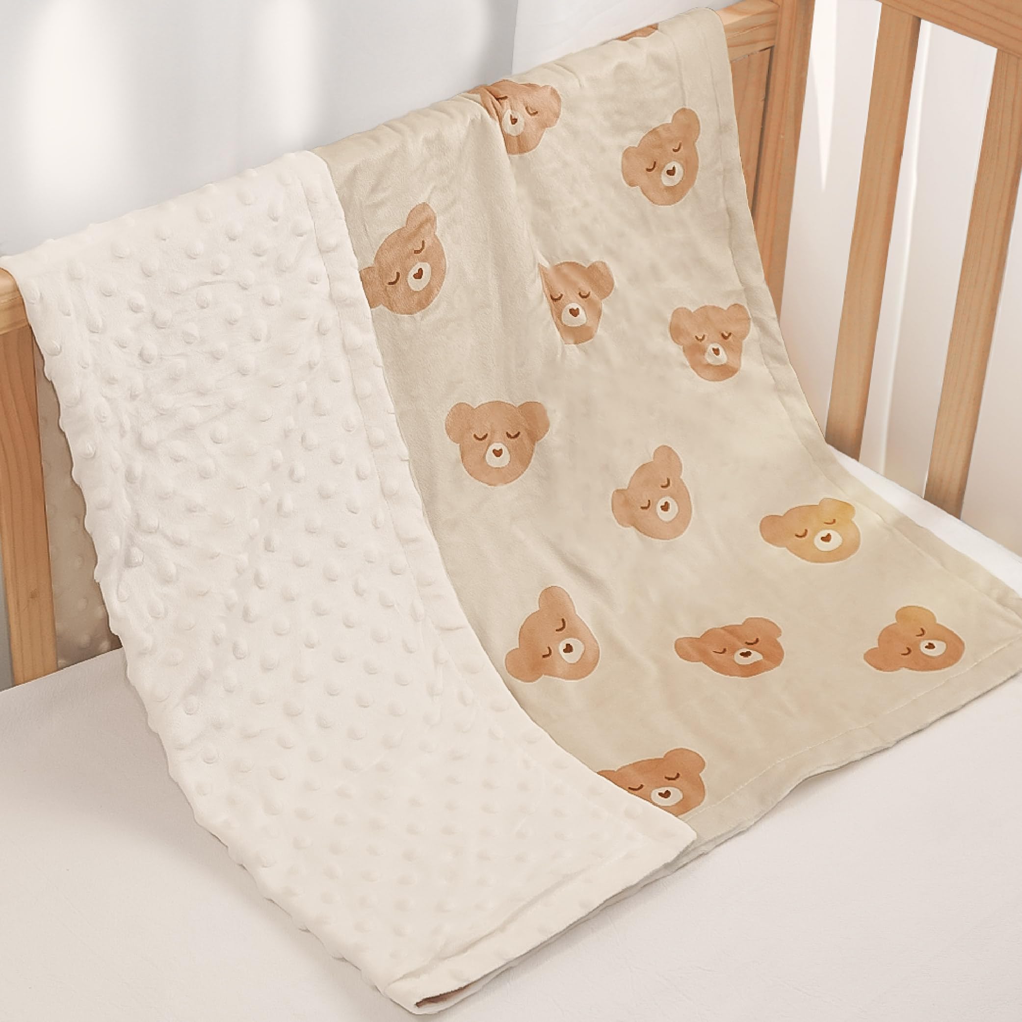 SANDJEST Bear Minky blanket folded closeup shows dual-texture surface