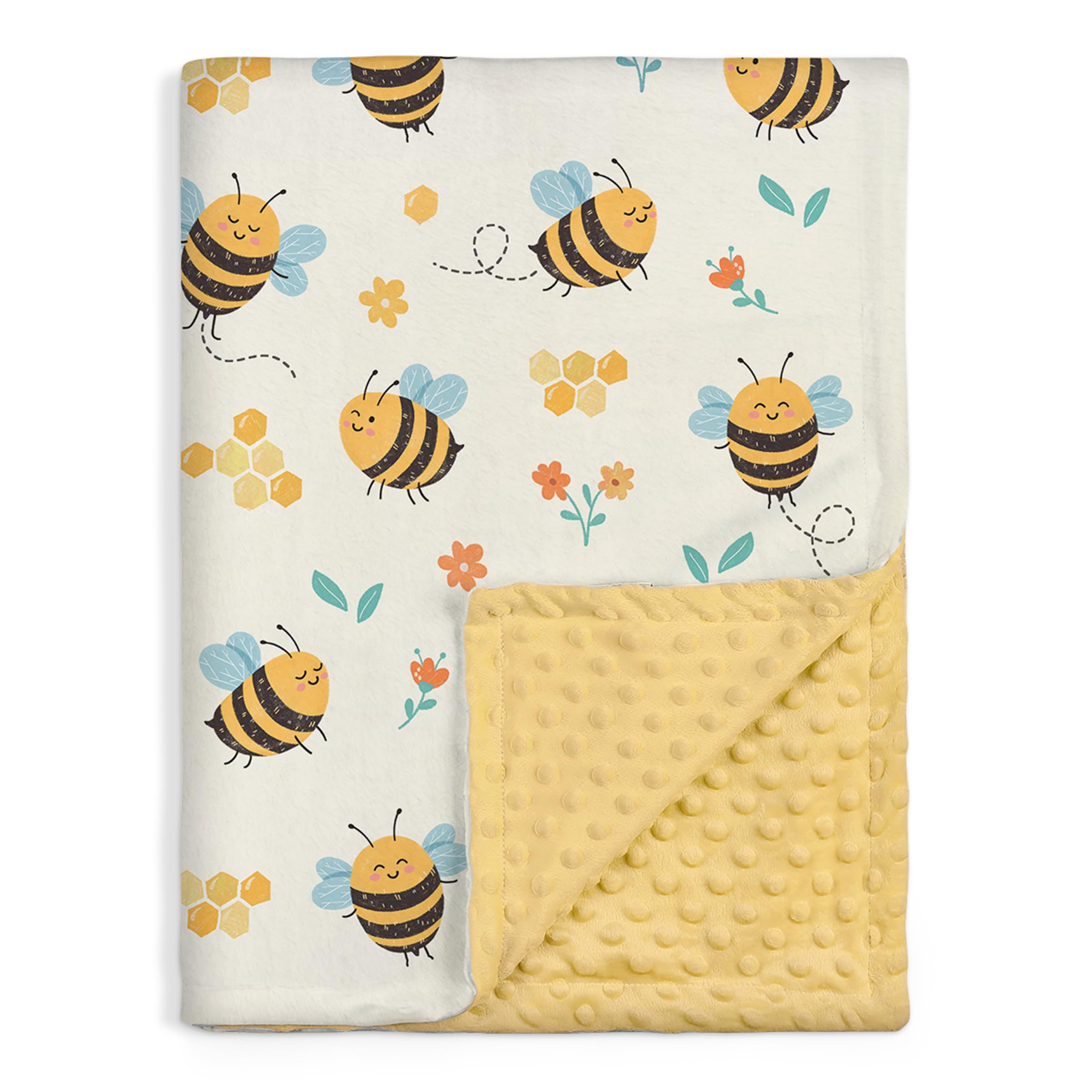 SANDJEST Bee Kid Blanket front view emphasizes soft minky fabric for cozy nights.