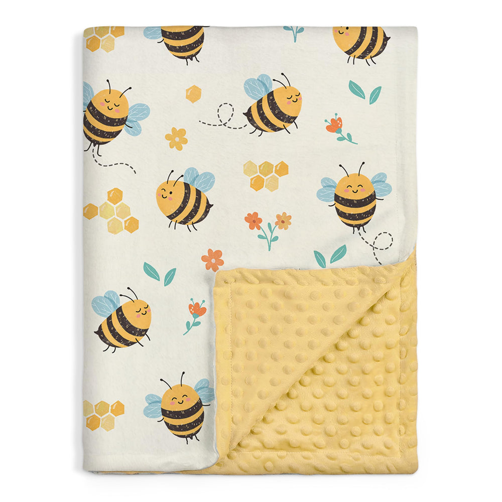 SANDJEST Bee Kid Blanket front view emphasizes soft minky fabric for cozy nights.