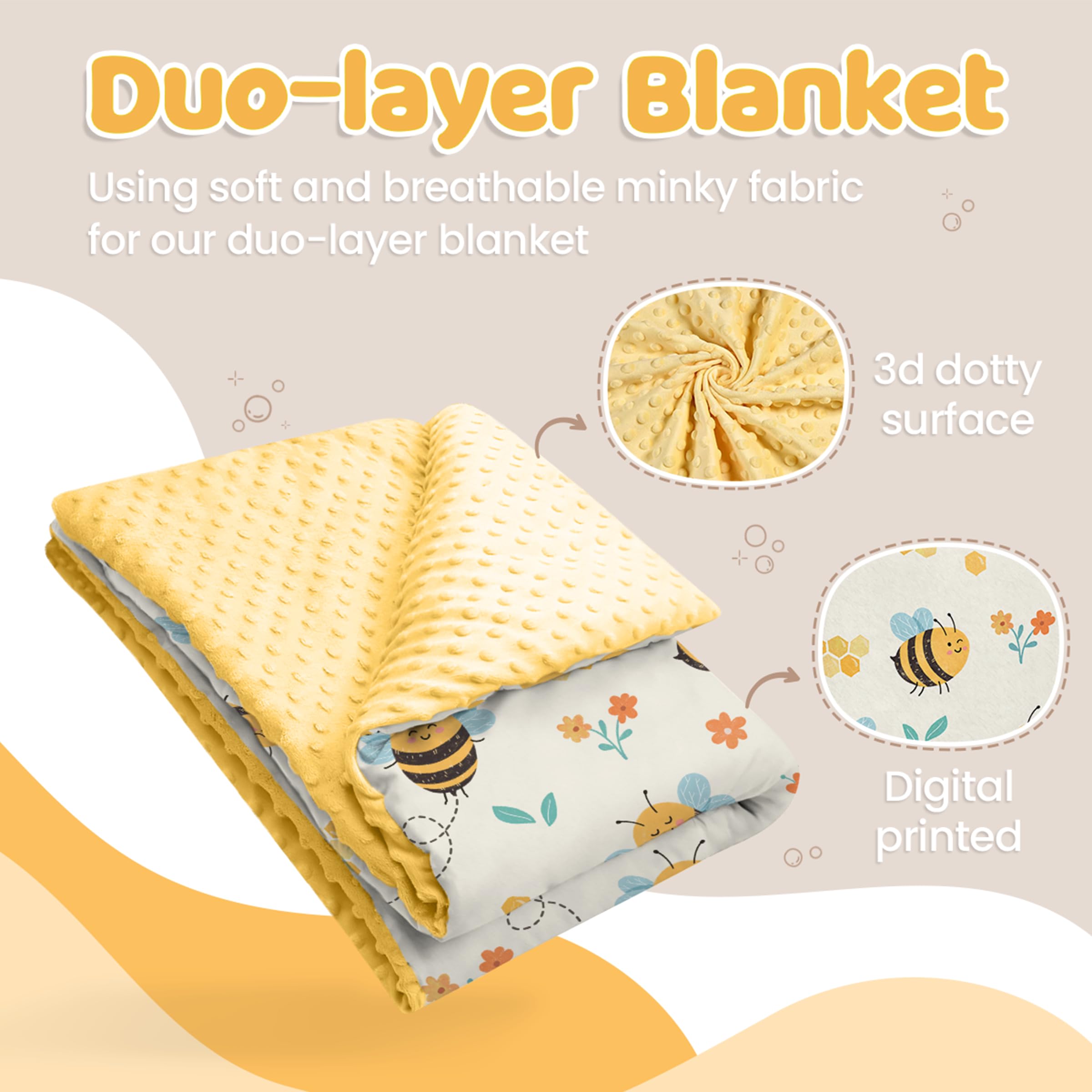 SANDJEST Bee Kid Blanket minky close-up highlights plush texture for cuddling.