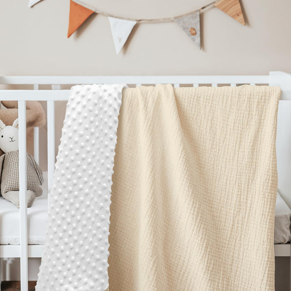 SANDJEST baby blanket beige close-up shows soft textures and stitching