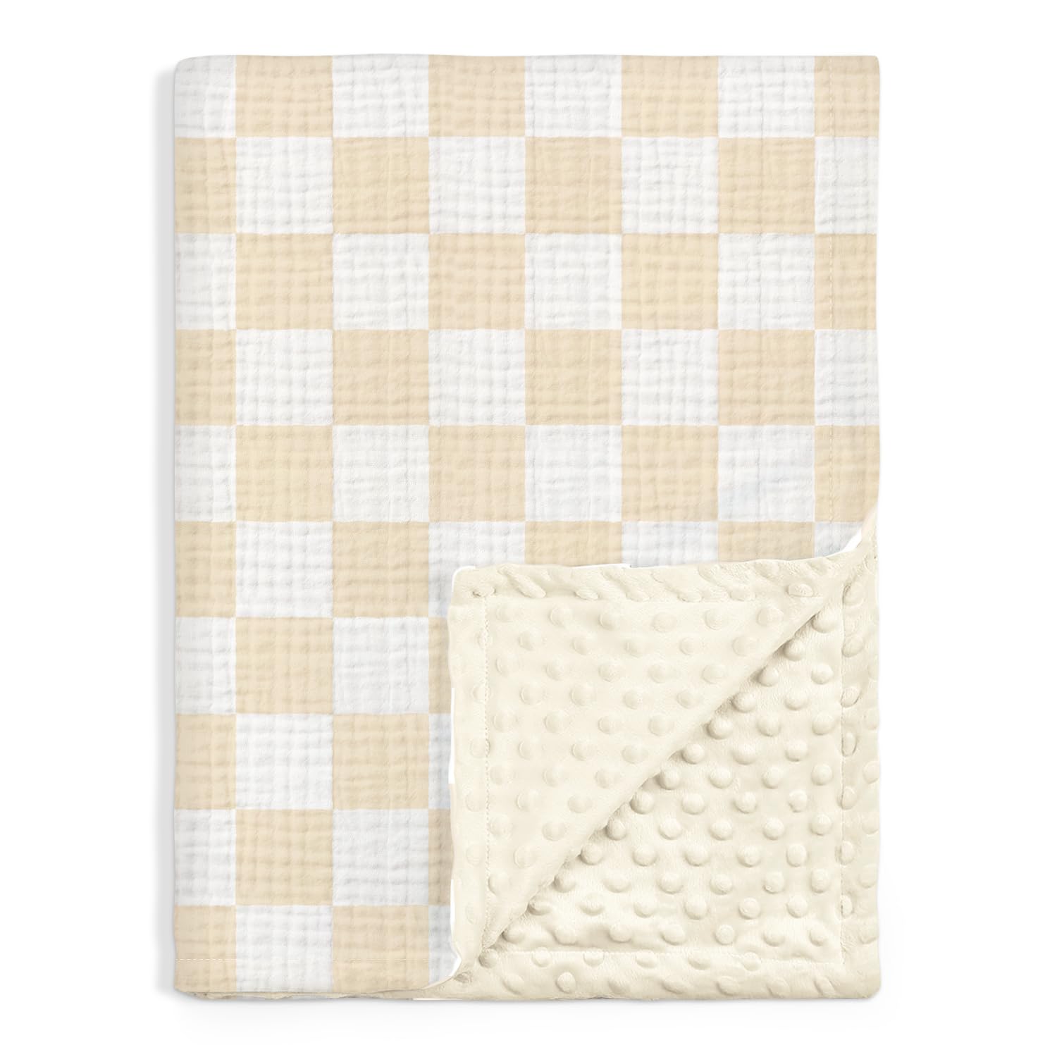 SANDJEST checkered baby blanket with muslin side offers breathable comfort for naps.