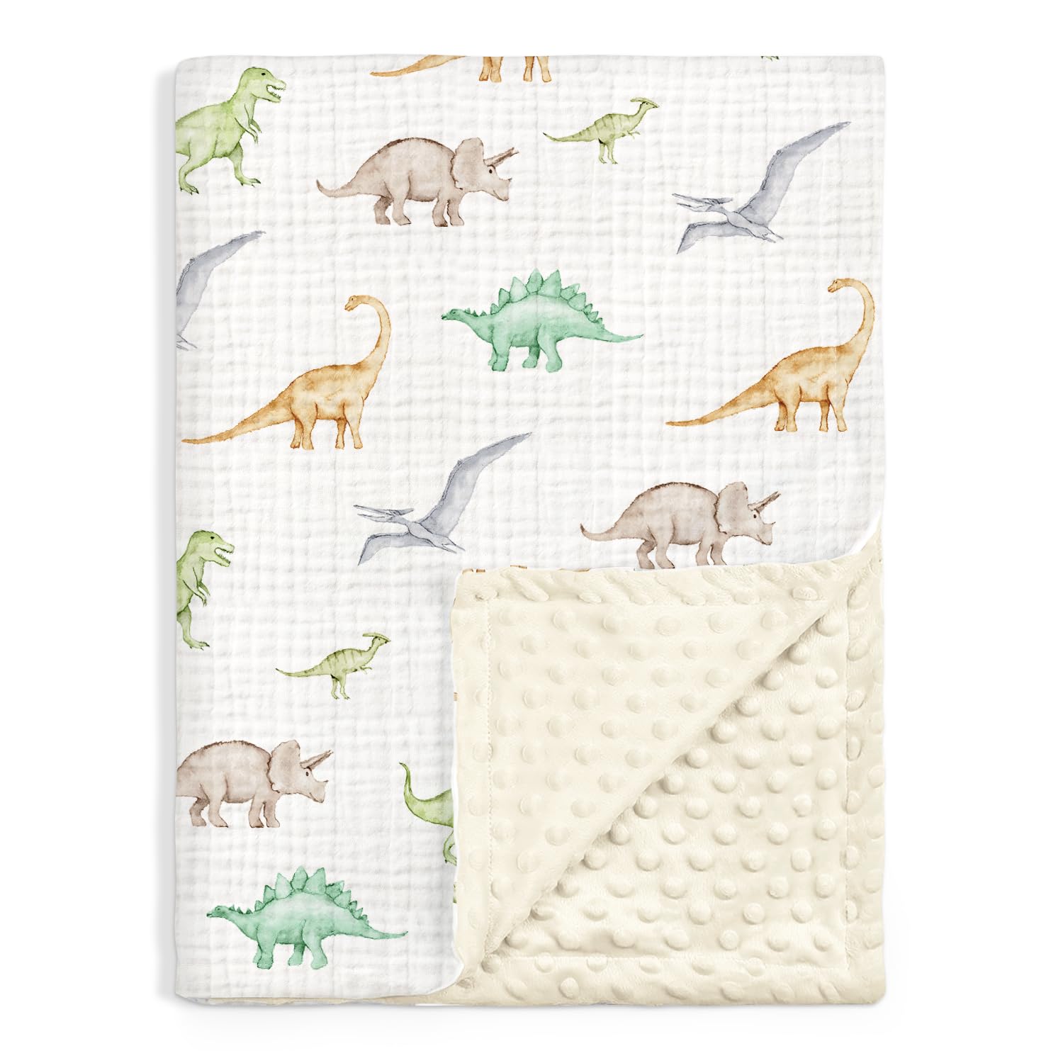SANDJEST Dinosaur blanket front view showcases soft muslin fabric for gentle skin contact.